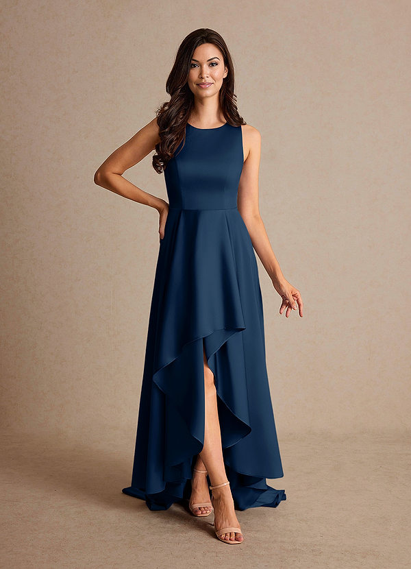 Azazie Niles Mother of the Brides Dresses Dark Navy A-Line Trains Stretch Satin Dress image1
