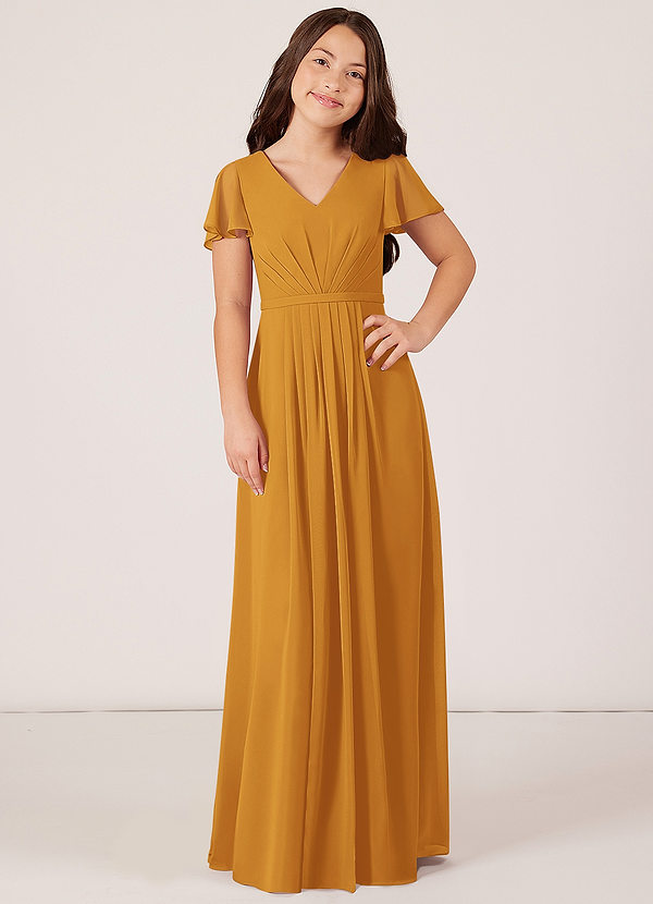 Azazie Peony Junior Robe Trapèze en Mousseline de soie Plissée Caramel écossais image1