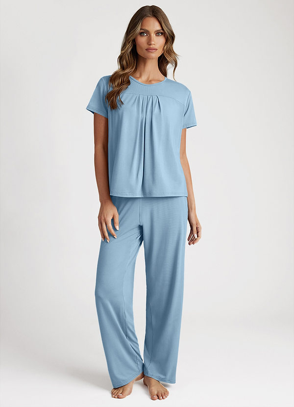 Sky Blue Bamboo Fiber Pleated T-Shirt and Pants Pajama Set front