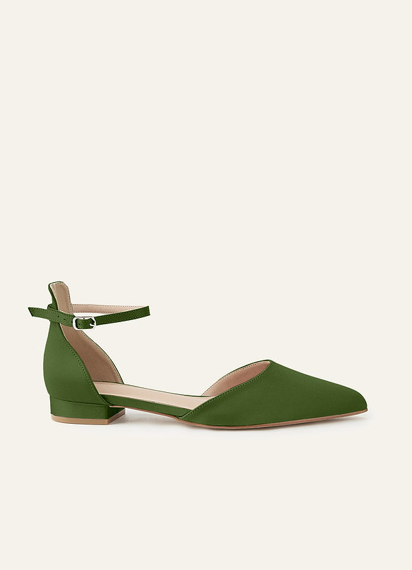 front Matching Color Matte Satin Pointed Toe Ankle Strap Block Flat Pumps