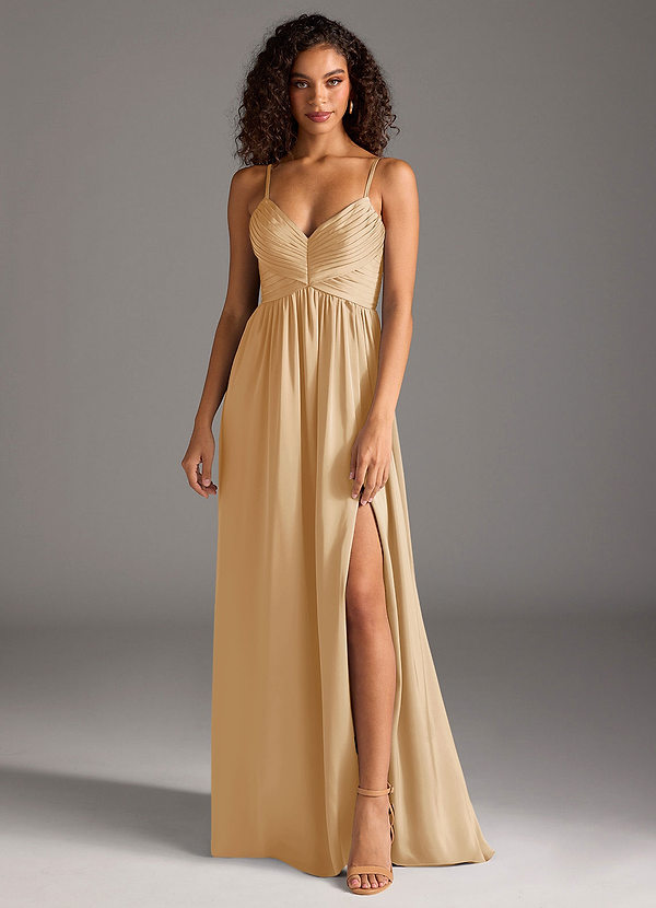 Azazie Alia Bridesmaid Dresses Gold A-Line Pleated Stretch Satin Dress image1