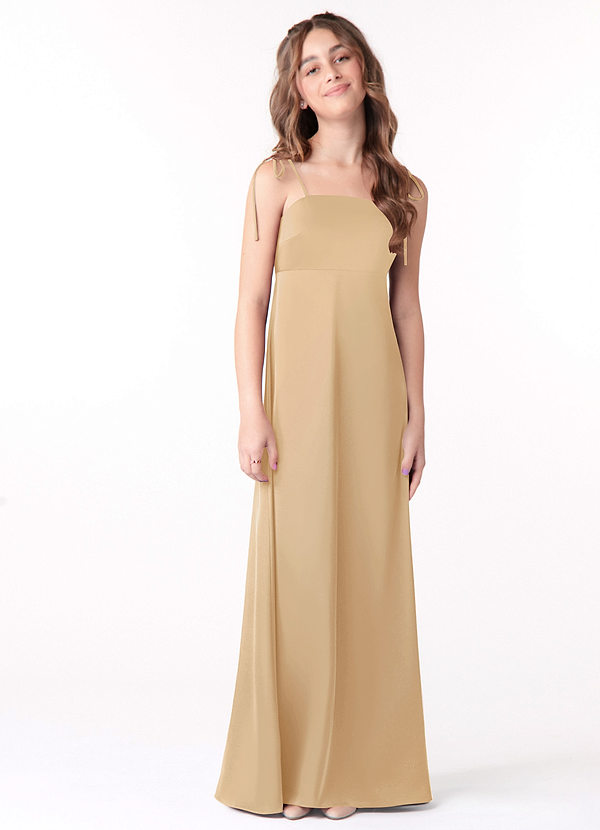 Azazie Violeta Junior Gold A-Line Bow Stretch Satin Dress image1
