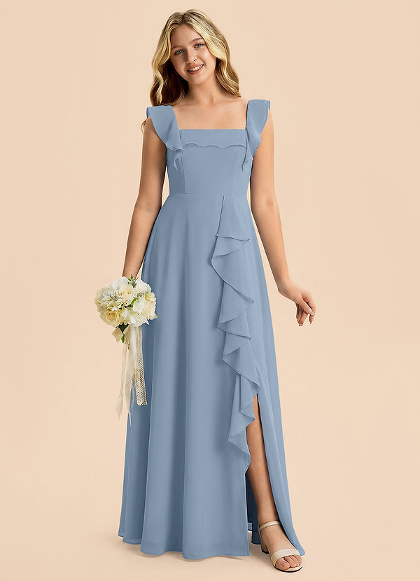 Azazie Nori Junior Dusty Blue A-Line Ruched Chiffon Dress image1