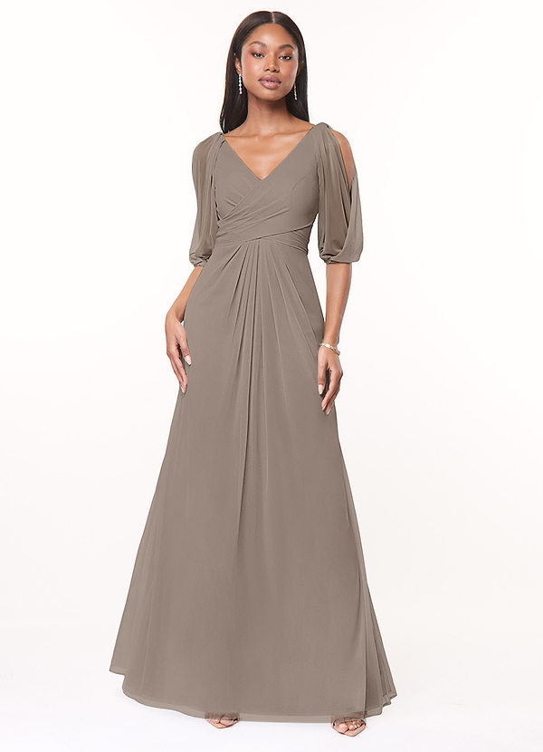 Azazie Noelia Bruidsmeisjes Jurken Jurk van Mesh met A-Lijn Geplooid Taupe image1