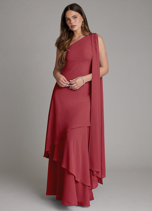 Azazie Monique Brautjungfernkleider Eine Linie One-Shoulder Chiffon Kleid Granatapfelrot image1