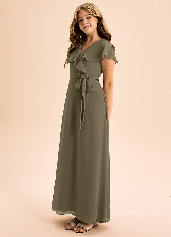 Azazie Lainey Junior Vestido de Verde Sauce de Gasa de Corte en A con Con bolsillos image1