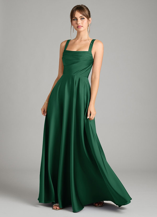 Azazie Shaude Bridesmaid Dresses Dark Green A-Line Pleated Stretch Satin Dress image1