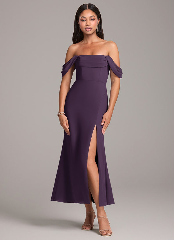 Azazie Saige Bridesmaid Dresses Plum Sheath Off the Shoulder Chiffon Convertible Dress image1