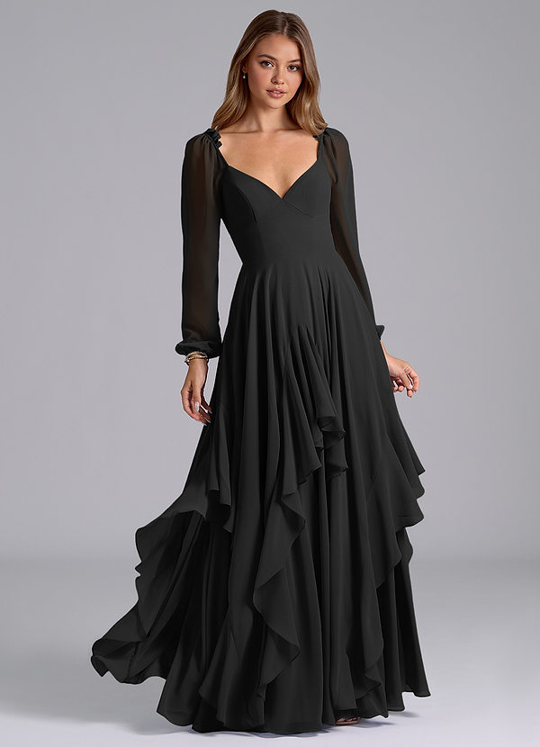 Azazie Karan Bridesmaid Dresses Black A-Line Long Sleeve Chiffon Dress image1