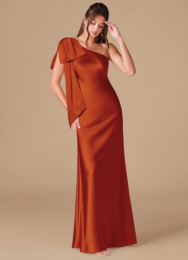 Azazie Capri Bridesmaid Dresses Paprika Sheath One Shoulder Metallic Satin Dress image1