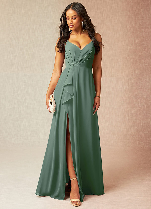 Azazie Kyedae Bridesmaid Dresses Eucalyptus A-Line V-Neck Pleated Chiffon Dress image1