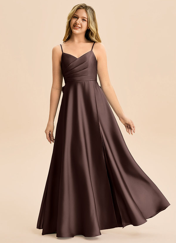 Azazie Rumi Junior Abito A-Line in Raso Elasticizzato Plissettato Ganache image1