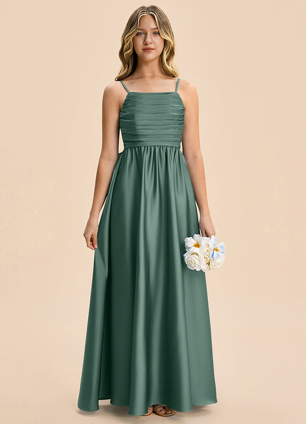 Azazie Kai Junior Eucalyptus A-Line Pleated Stretch Satin Dress image1