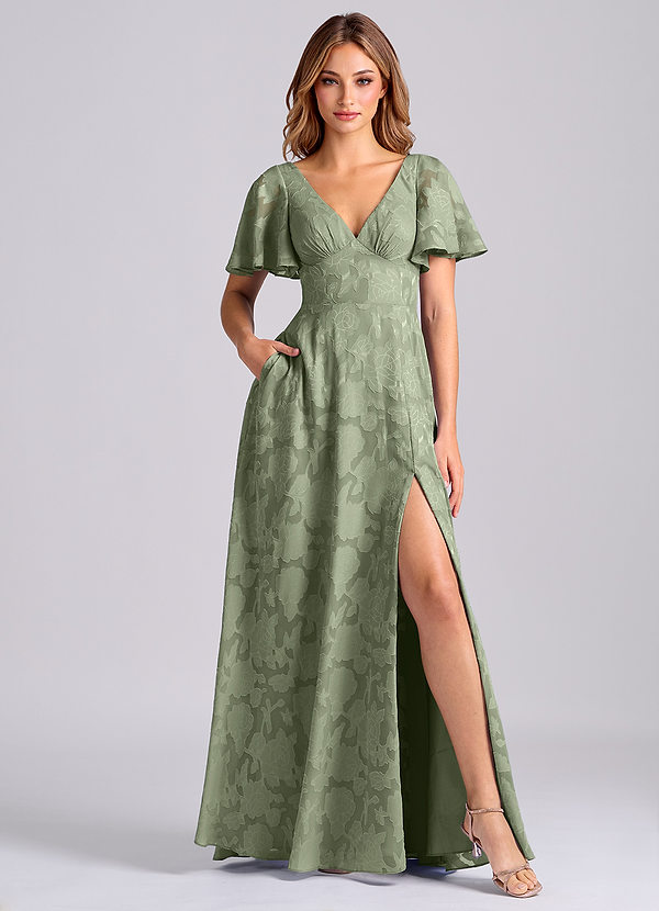 Azazie Kimber Bridesmaid Dresses Pistachio A-Line with Pockets Floral Burnout Dress image1