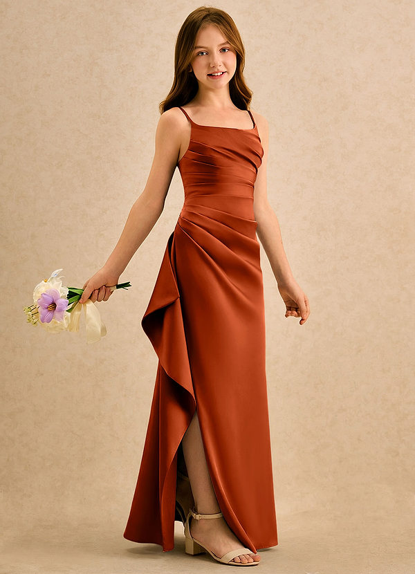 Azazie Cannoli Girls Formal Flower Girl Dresses Vestido Páprica de Cetim elástico de Linha A com Plissado image1