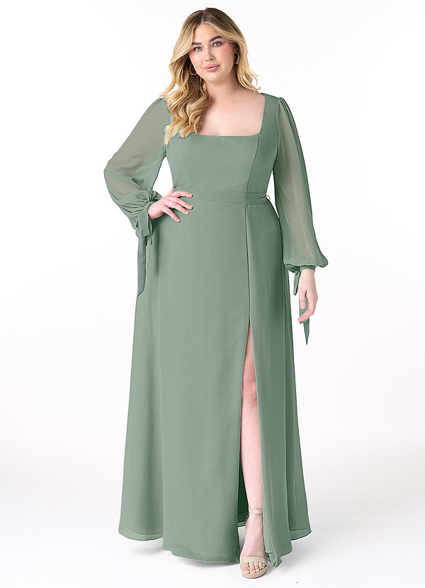 Azazie Leonia Bridesmaid Dresses Silver Sage A-Line Long Sleeve Chiffon Dress image1