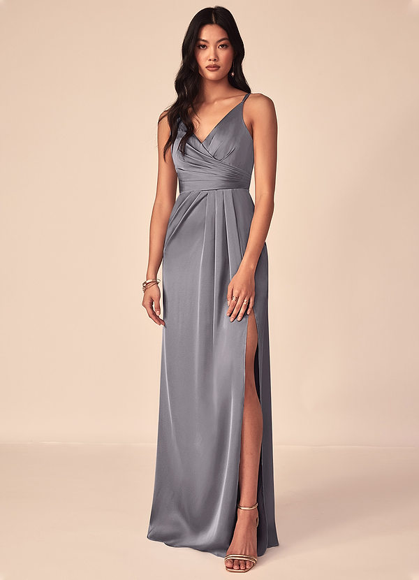 Azazie Aqua Bridesmaid Dresses Shadow A-Line V-Neck Pleated Stretch Satin Dress image1