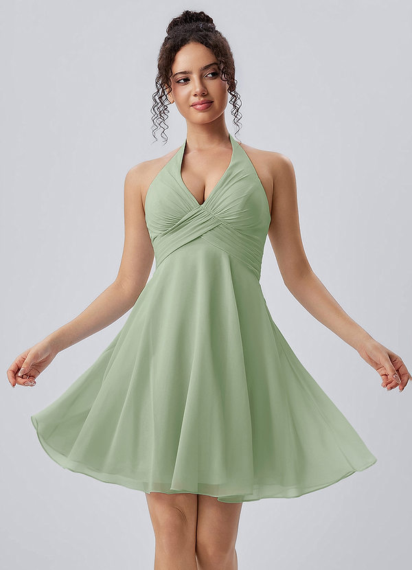 Joviannelle Vert Clair Mini-robe en mousseline froncée à la main et dos nu image1
