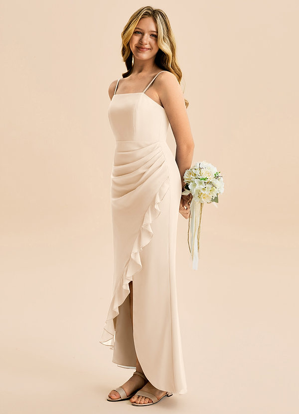 Azazie Buzzy Junior White Alabaster Sheath Pleated Chiffon Dress image1