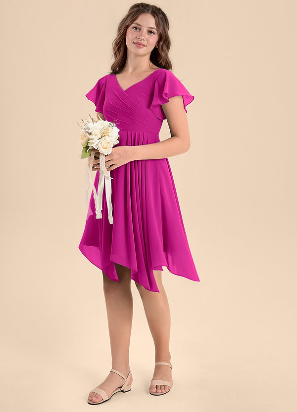 Azazie Janeaurelia Junior Abito A-Line in Chiffon Plissettato Fucsia image1