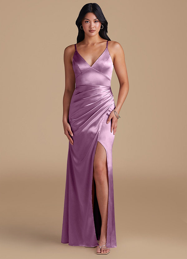 Azazie Shania Bridesmaid Dresses Wisteria Sheath Pleated Metallic Satin Dress image1