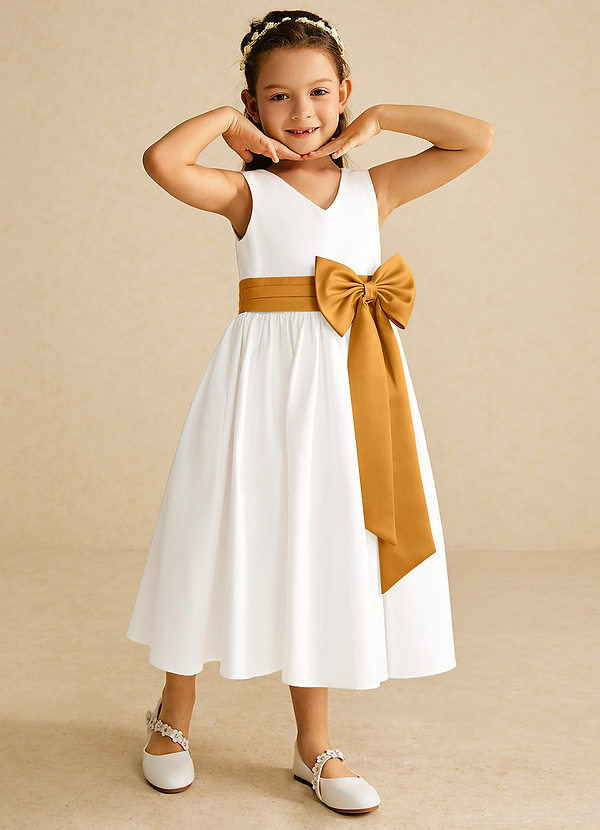 Azazie Darling Flower Girl Dresses Ivory Butterscotch A-Line Bow Cotton Dress image1