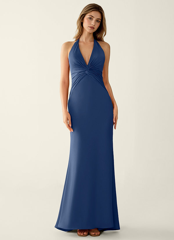 Clio Dark Navy Satin V-neck Mermaid Prom Dress image1