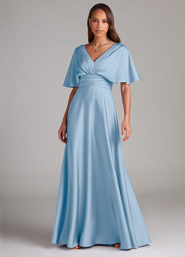 Azazie Pamela Robes Demoiselle d'honneur Robe Trapèze en Satin extensible Plissée Poudre Bleue image1