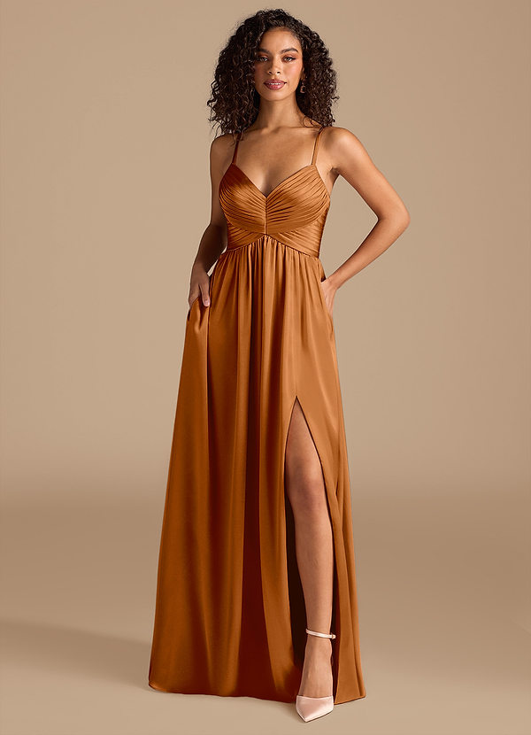 Azazie Alia Bridesmaid Dresses Copper A-Line Pleated Metallic Satin Dress image1