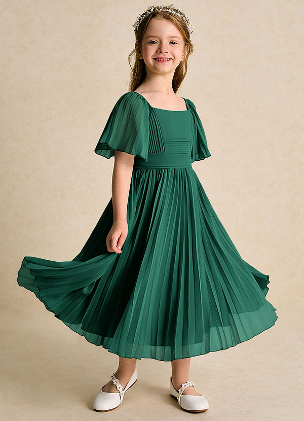 Azazie Gisele Abiti da Ragazza di Fiori Abito A-Line in Chiffon Plissettato Smeraldo image1