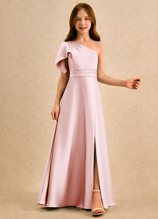 Azazie Jazzy Girls Formal Flower Girl Dresses Blushing Pink A-Line One Shoulder Stretch Satin Dress image1