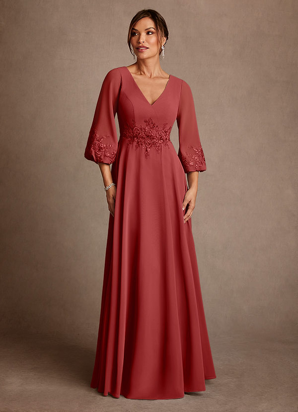 Azazie Yorba Vestidos de Madre de la Novia Vestido de Óxido de Gasa de Corte en A con Encaje image1