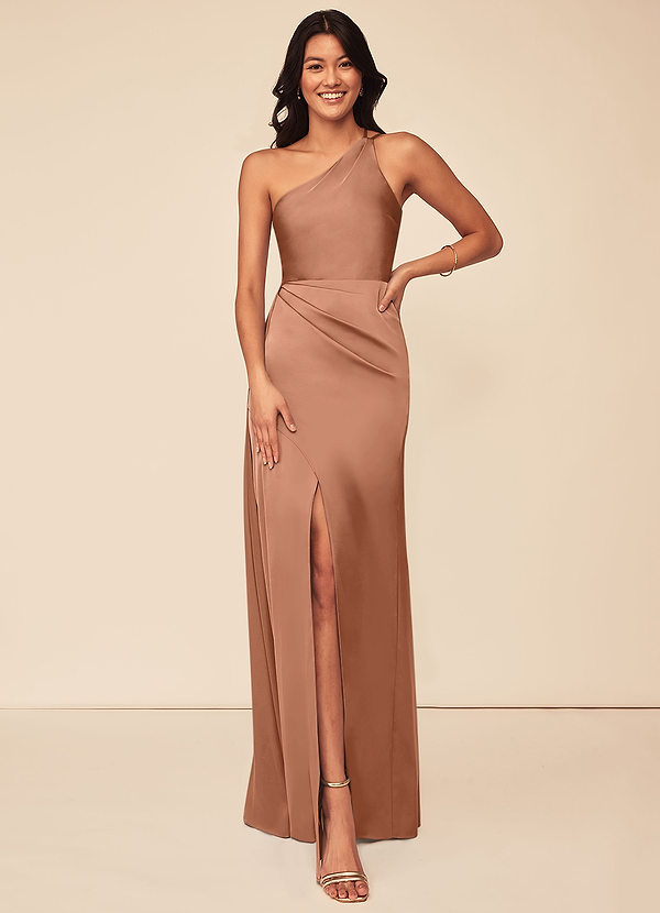 Azazie Maron Bridesmaid Dresses A-Line One Shoulder Stretch Satin Floor-Length Dress image1