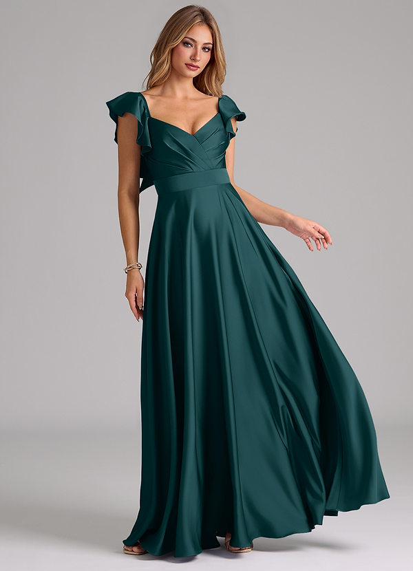 Azazie Leilani Bridesmaid Dresses Pine A-Line Ruched Stretch Satin Dress image1
