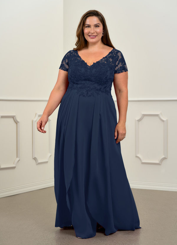 Azazie Dunja Mother of the Brides Dresses Dark Navy A-Line V-Neck Lace Chiffon Dress image1