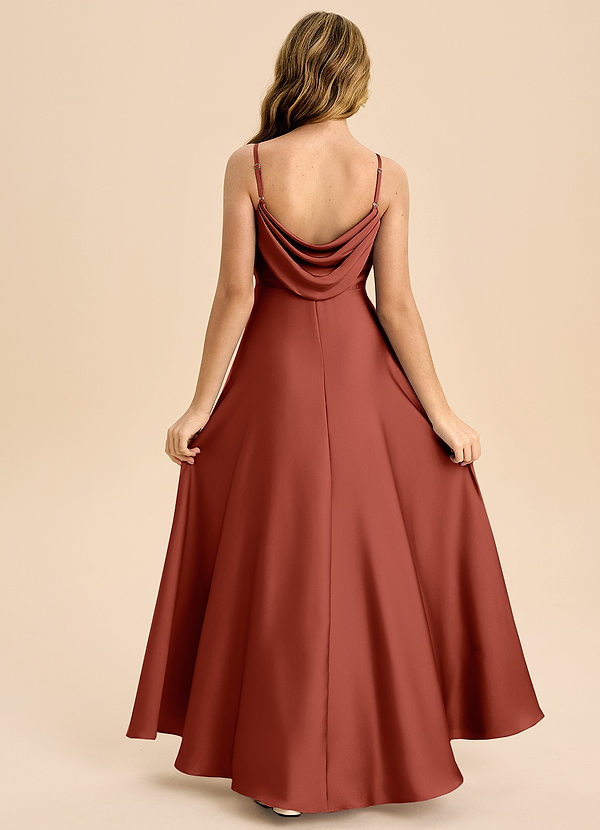 Azazie Bug Junior Robe Trapèze en Satin extensible Plissée Terracotta image1