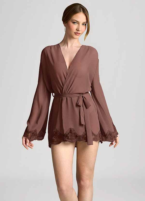 front Espresso Chiffon-Bademantel mit Muschelspitzenbesatz