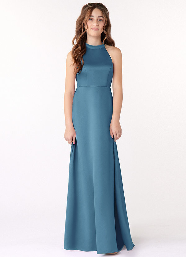 Azazie Laurel Junior Steel Blue A-Line Matte Satin Dress image1