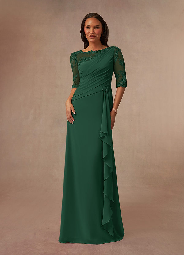 Azazie Dionysus Vestidos de Madre de la Novia Vestido de Verde Oscuro de Gasa de Corte en A con Encaje cuello barco image1