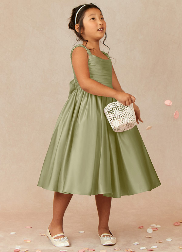 Azazie Cutie Pie Vestidos de Niña de Flores Vestido de Musgo Verde de Satin Mate de Corte En A con Plisado image1