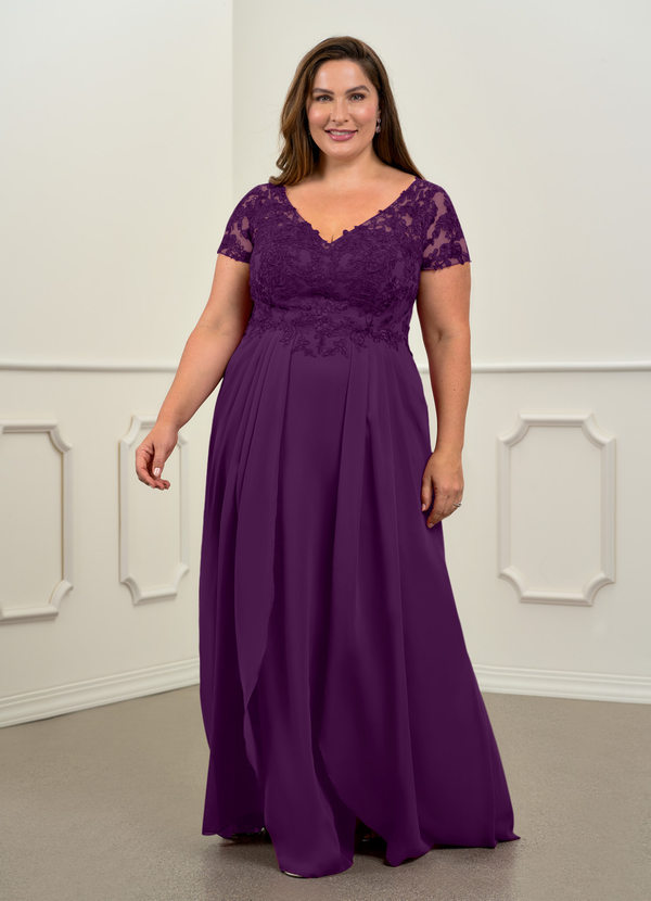 Azazie Dunja Mother of the Brides Dresses Grape A-Line V-Neck Lace Chiffon Dress image1