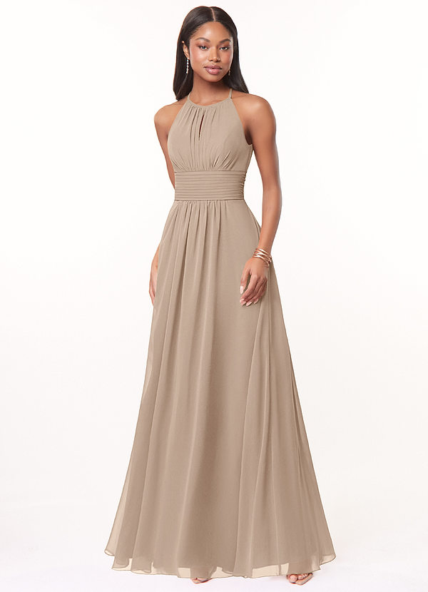 Azazie Bonnie Brautjungfernkleider A-Linie Schlüsselloch Gerüscht Chiffon Kleid Taupe image1