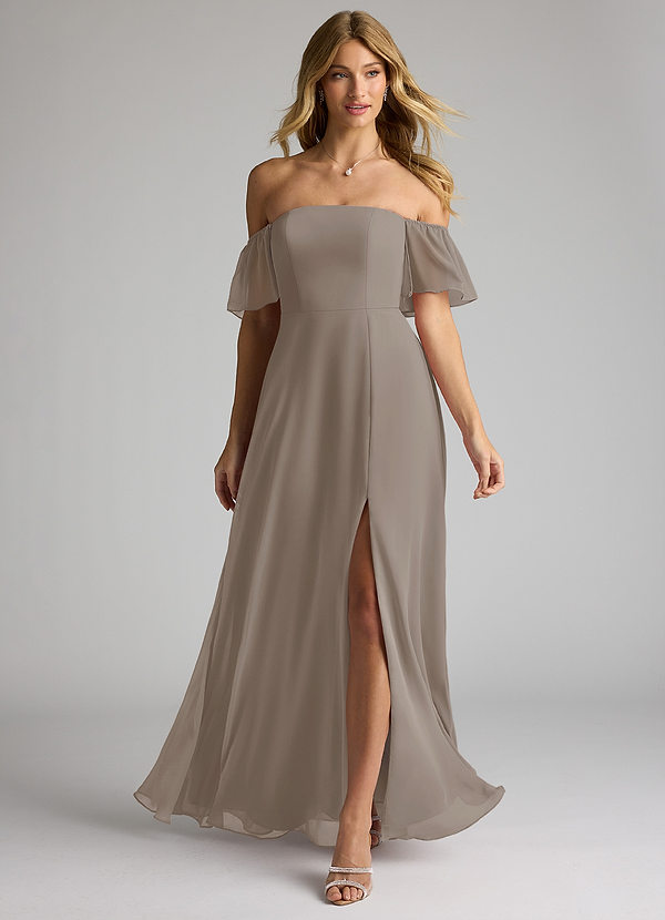 Azazie Sue Bruidsmeisjes Jurken Converteerbaar Jurk van Chiffon met A-Lijn Off the Shoulder Taupe image1