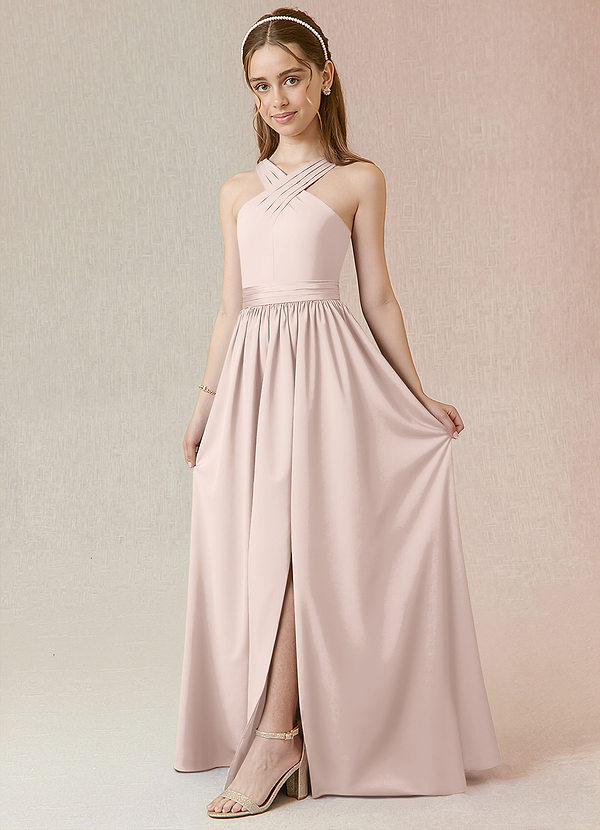 Azazie Jiya Junior Blushing Pink A-Line Pleated Stretch Satin Dress image1