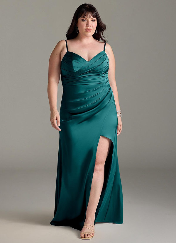 Azazie Yola Bridesmaid Dresses Peacock Sheath V-Neck Pleated Stretch Satin Convertible Dress image1