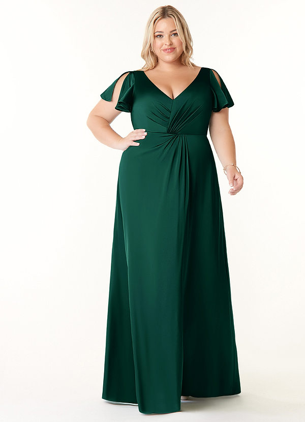 Azazie Soren Bridesmaid Dresses Emerald A-Line Pleated Stretch Satin Dress image1