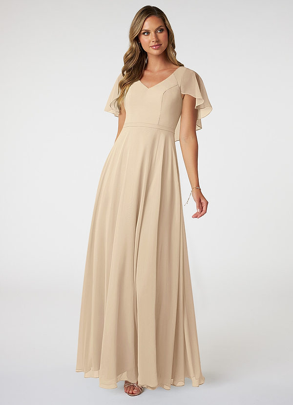 Azazie Jamie Bridesmaid Dresses Champagne A-Line Chiffon Dress image1