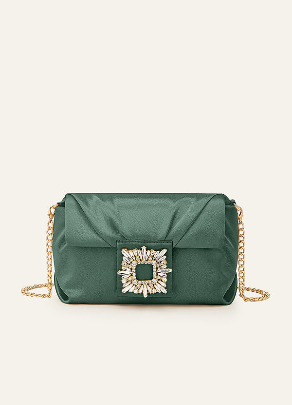 front Bolso de mano de satén elástico a juego con hebilla cuadrada de pedrería.