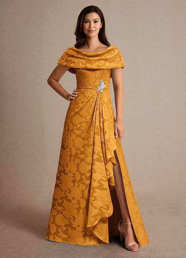 Azazie Branford Mother of the Brides Dresses Butterscotch A-Line Pleated Floral Burnout Dress image1