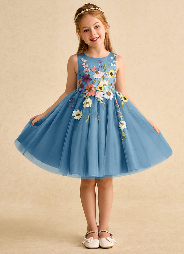 Azazie Prima Flower Girl Dresses Vestir Aço Azul de Tule de Linha A com Arco image1